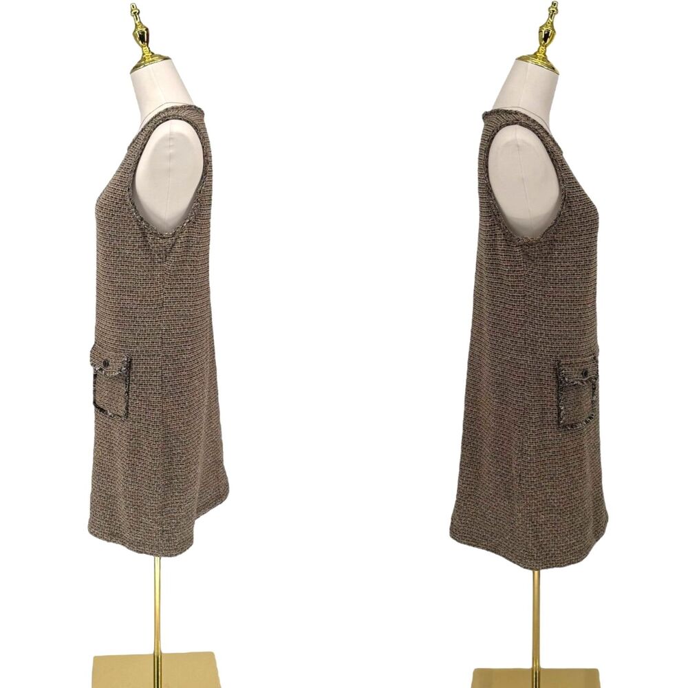 J Jill Tweed Shift Dress SP Brown Sleeveless Boucle Fringe Pockets Knit Career - Picture 6 of 9